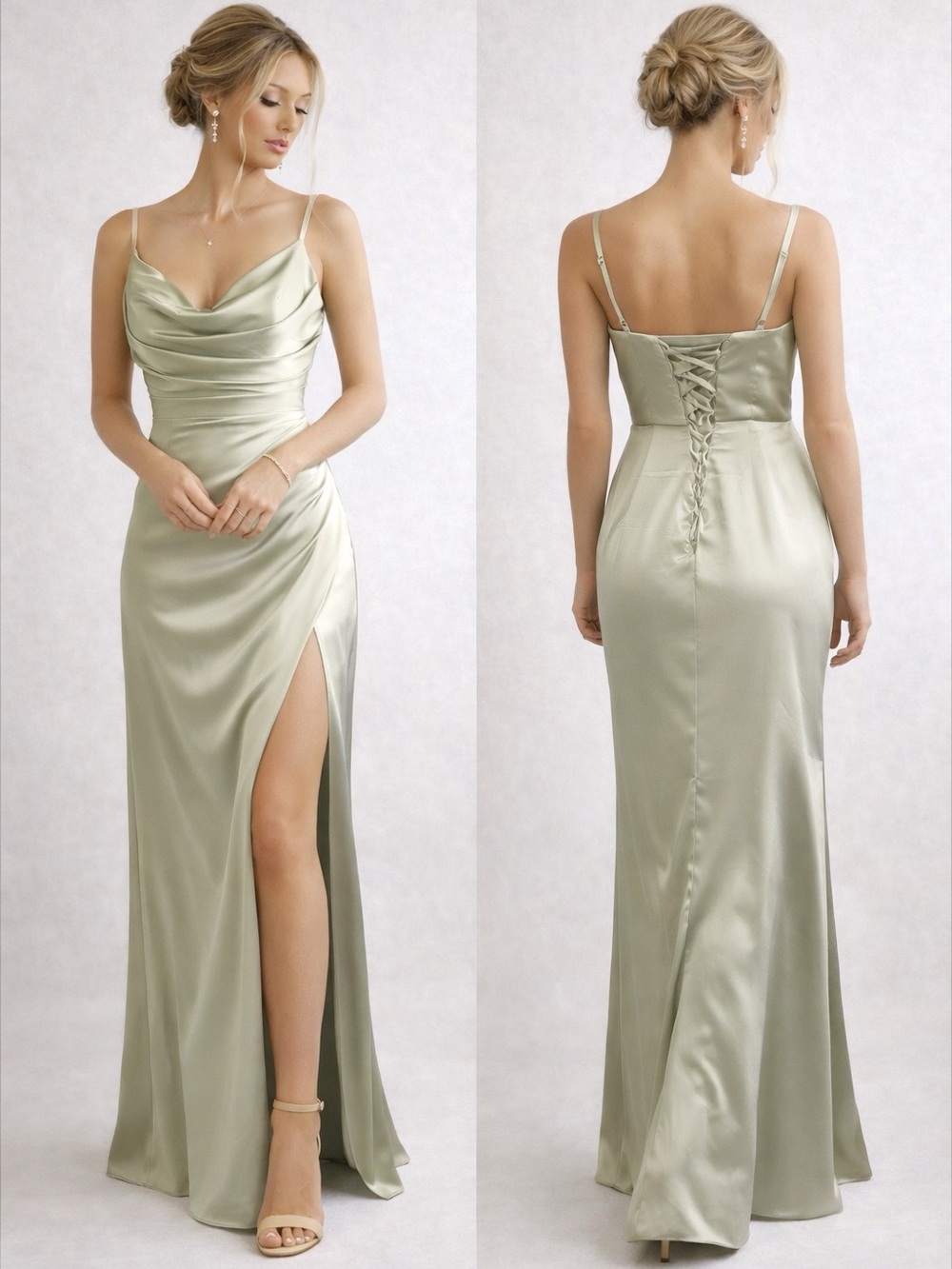 Sage Green Satin Cowl Neck Dress Long Maxi High Cut Leg Size 6 Prom Bridesmaid